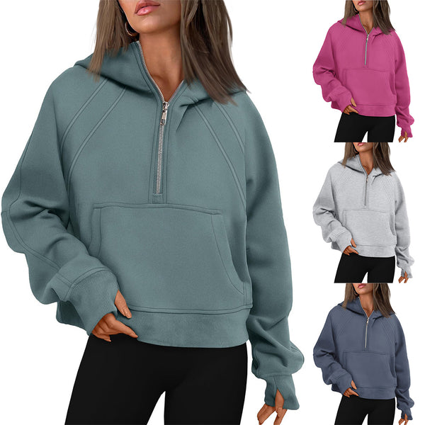 's new European and American women's half-zipper pullover hooded sweatshirt fleece short fashion sweater