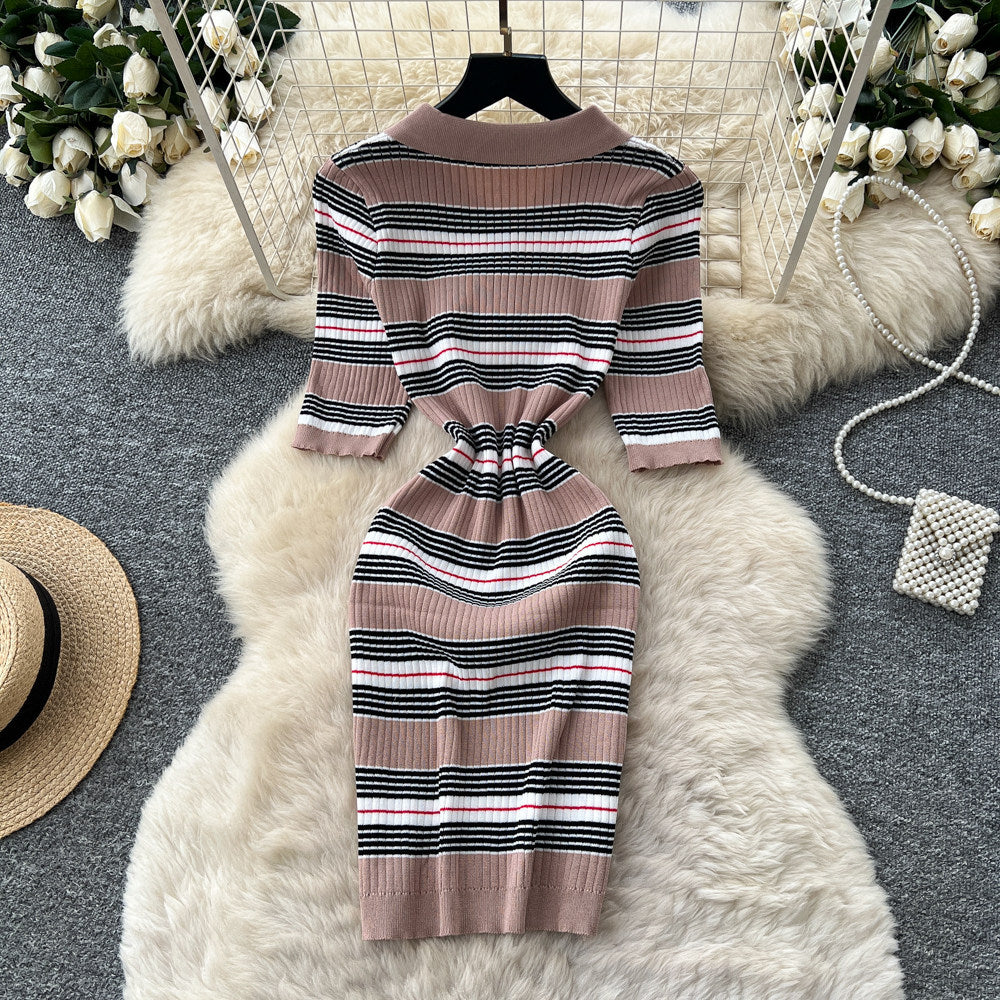 French polo collar striped knit dress - women's summer slim fit, minimalist, figure-flattering, cinched waist, sexy bodycon dress for work