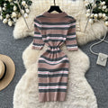 French polo collar striped knit dress - women's summer slim fit, minimalist, figure-flattering, cinched waist, sexy bodycon dress for work