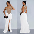 C6913 cross-border   fashion women's solid color mesh rhinestone sleeveless maxi dress