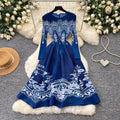 French romantic style printed stretch dress - women's summer long sleeve slim fit a-line dress - high-end commute dress