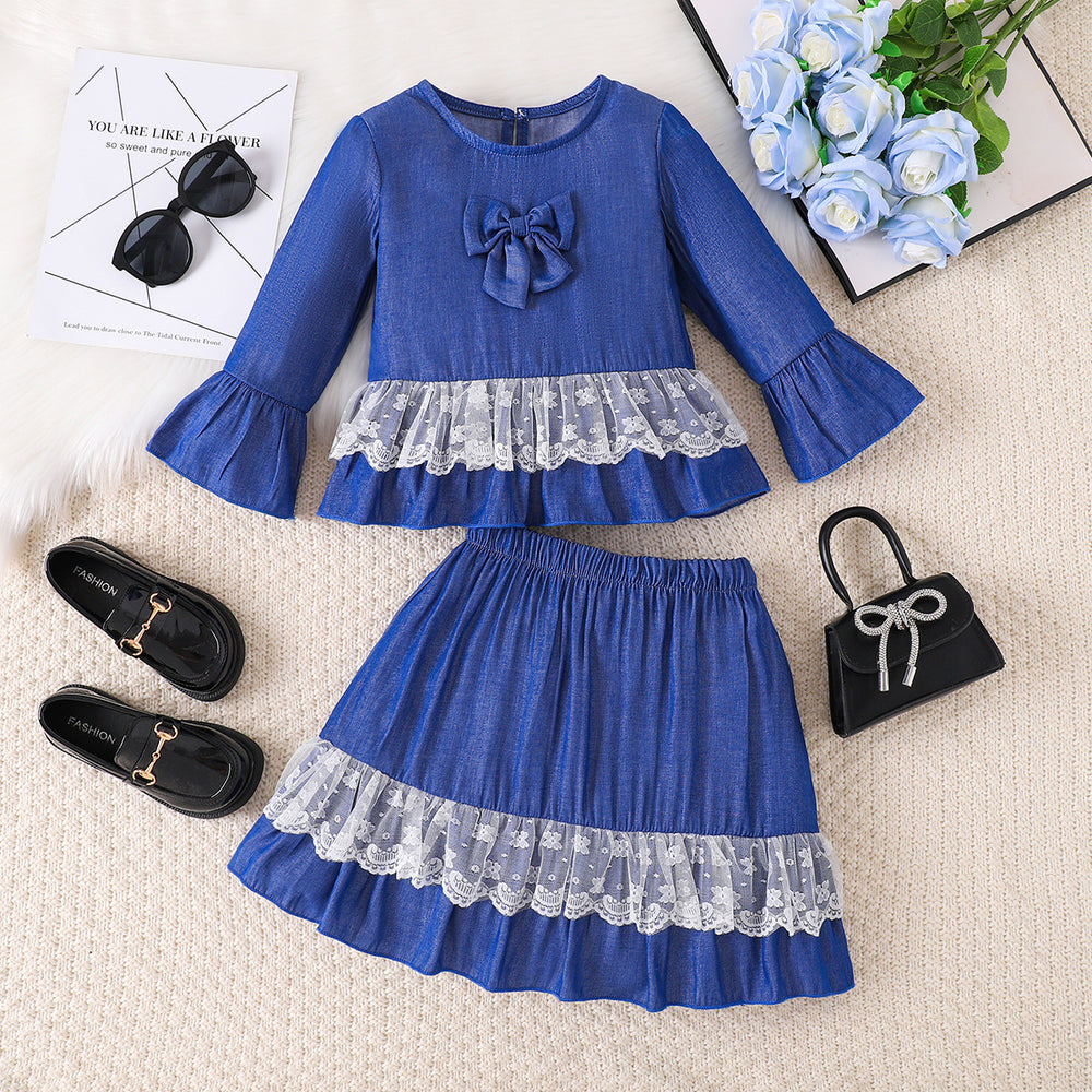 girl skirt suit blue bell sleeve topslace hem lace skirt retro style kids skirt