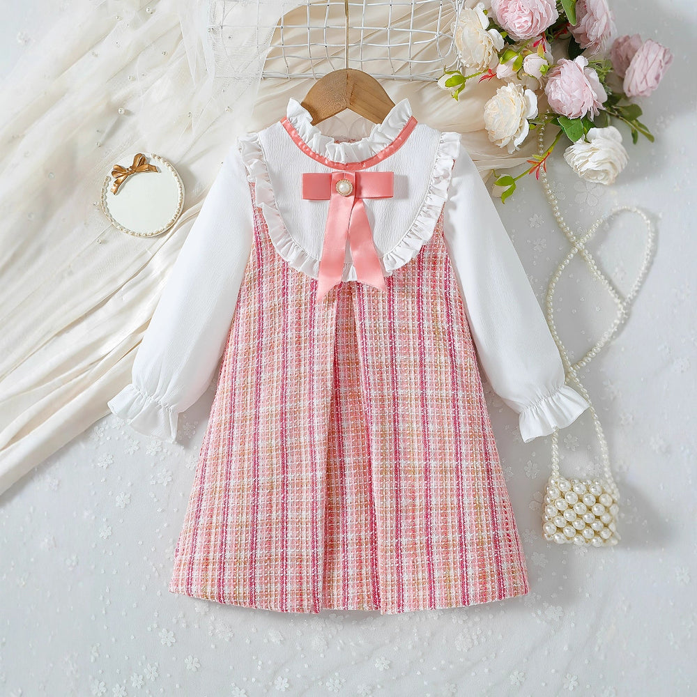 girldress sky blue pink grids pattern small fragrant lace shirt skirt french style children's skirt