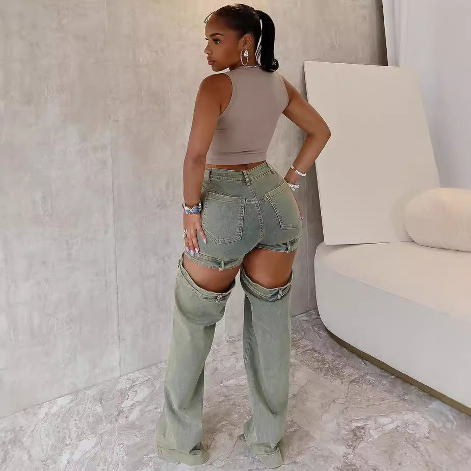 European and american style straight-leg jeans -  cross-border women's fashion streetwear vintage washed cutout wide-leg pants