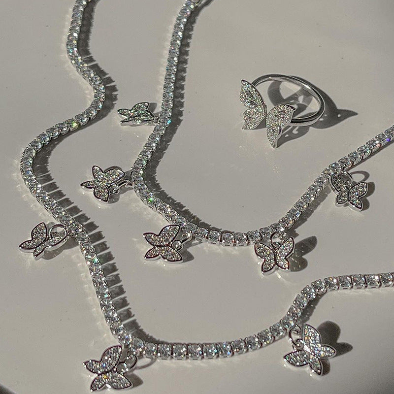 European and american cross-border e-commerce jewelry amazon hot-selling set: alloy butterfly pendant necklace, diamond-studded bracelet and ring for women