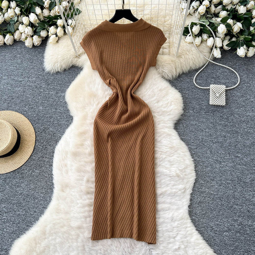 new arrivalniche styleretrok-stylefashionpolo collar short sleeve waist slimming lookelegant slit knittingdress