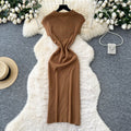 new arrivalniche styleretrok-stylefashionpolo collar short sleeve waist slimming lookelegant slit knittingdress