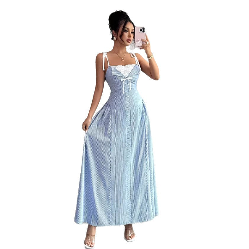 high-end, atmospheric summer dress: lace-trimmed, two-piece look, spaghetti strap maxi dress for women