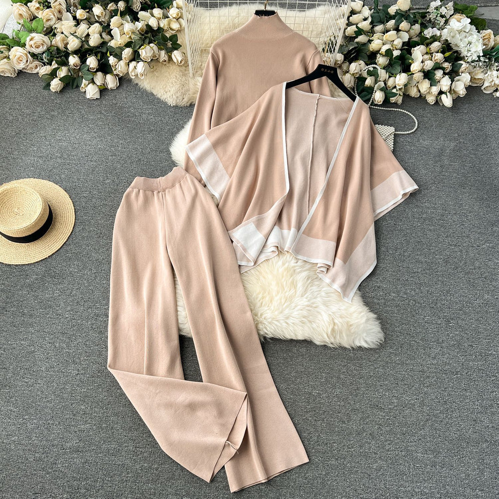 Fall and winterloose lazy style shawl cloak outwear high collar pullover knitting shirt sweatercasualloose pants three-piece set