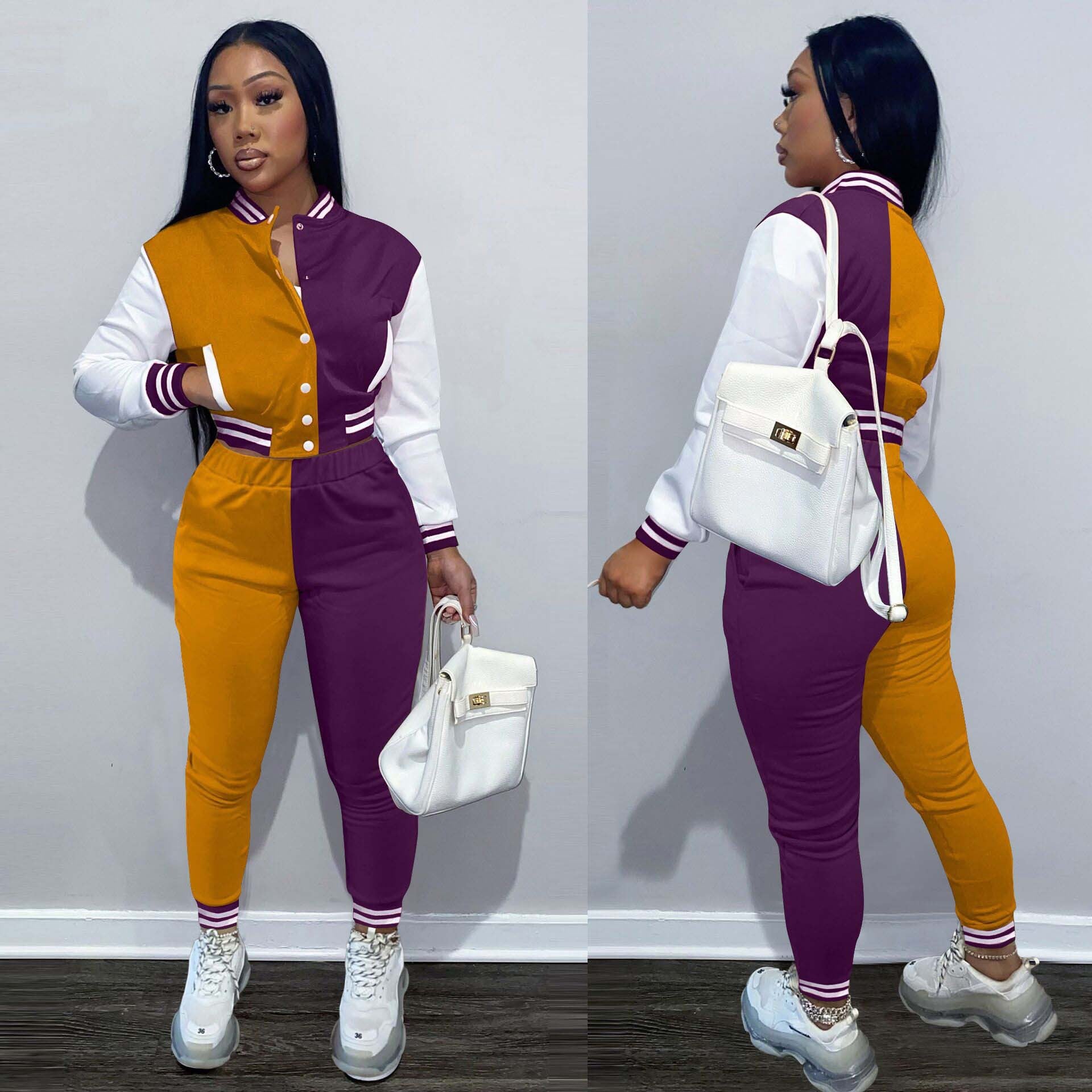 2021 European and American large-size women's clothing autumn,  wholesale winter, sexy long-sleeved baseball jersey women's two-piece set