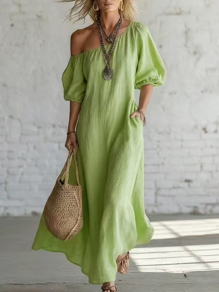 cross-border fashion summer women's solid color loose shoulder retrolong cotton and linen dress