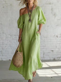 cross-border fashion summer women's solid color loose shoulder retrolong cotton and linen dress