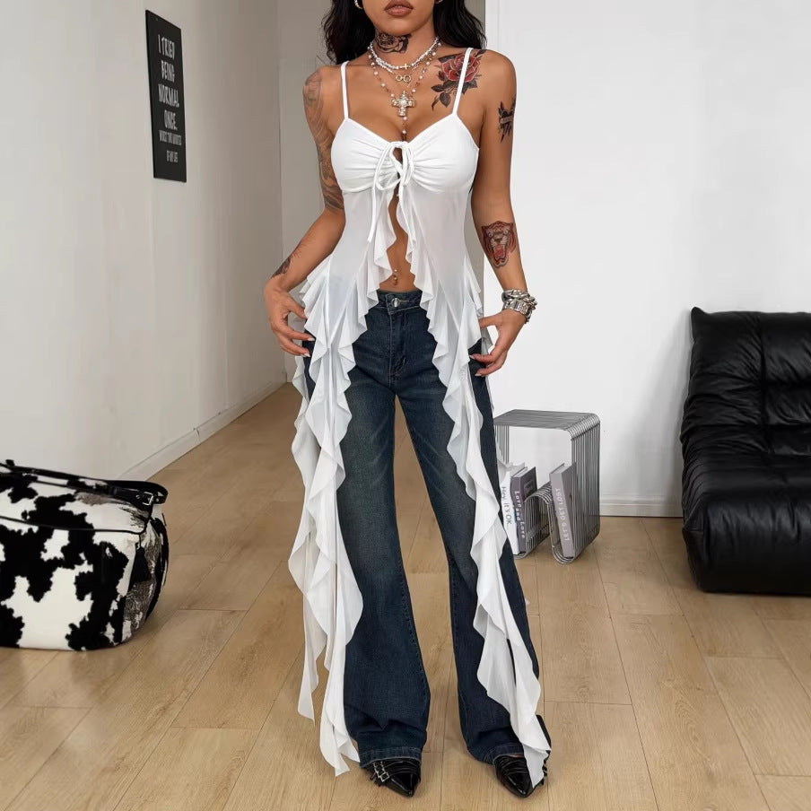 fashion  summer new women's fashion trendy sexy backless adjustable strap chiffon blouse solid color