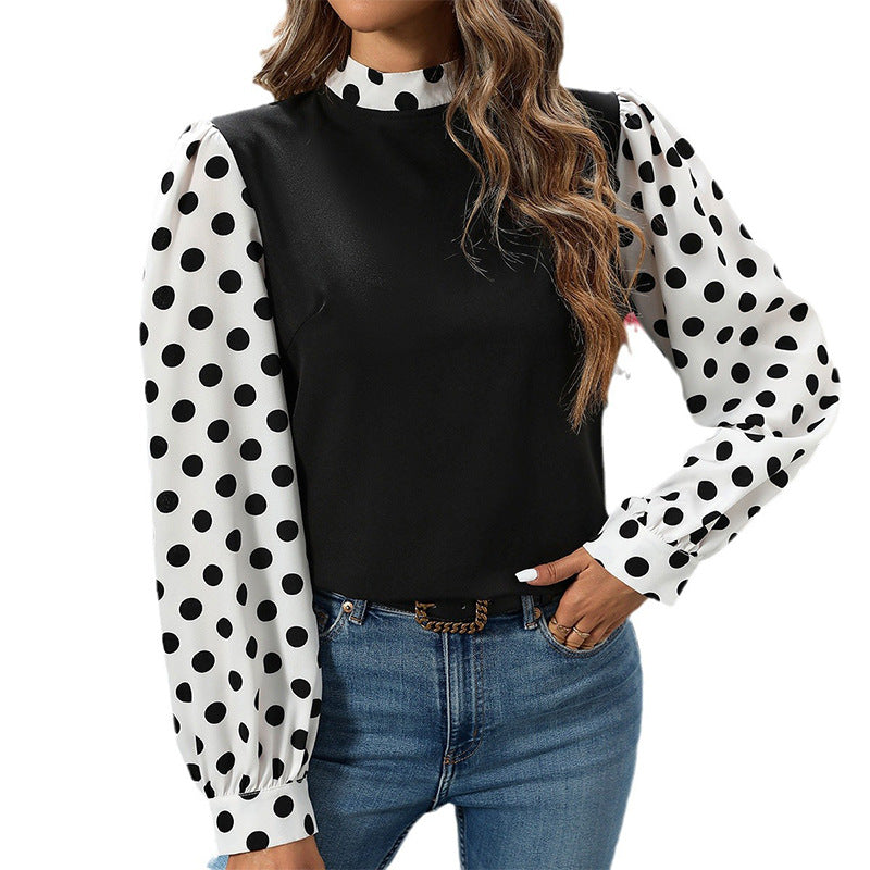 Customized European and American temperament polka dot long-sleeved shirt    contrasting color pullover shirt female contractor material