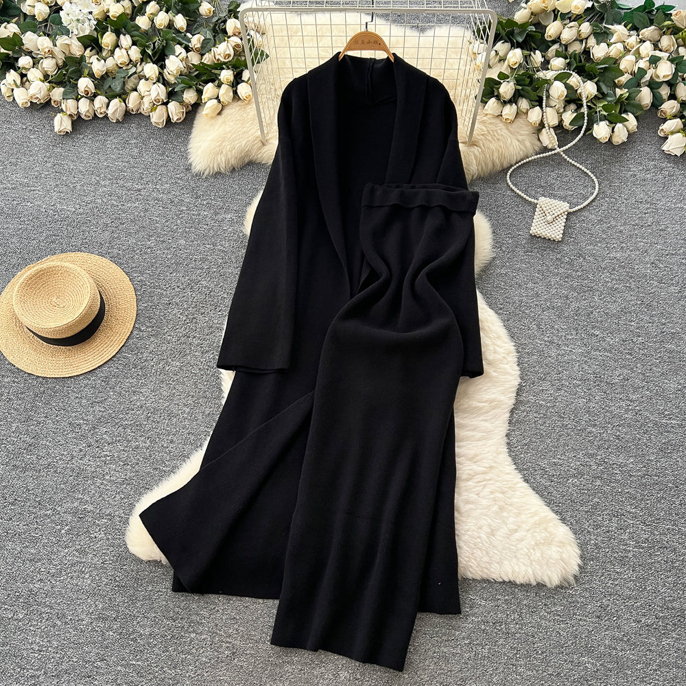 Minimalist solid color knitted mature woman's winter set: slim-fit bandeau dress with long cardigan coat