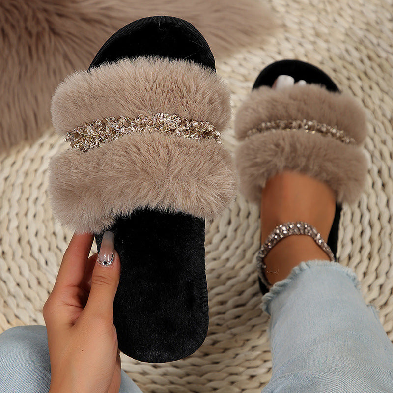 European style chain one-word flatsfleece-linedthick sole slippers women's indoor and outdoor winternew arrival cotton slippers one piece dropshipping women