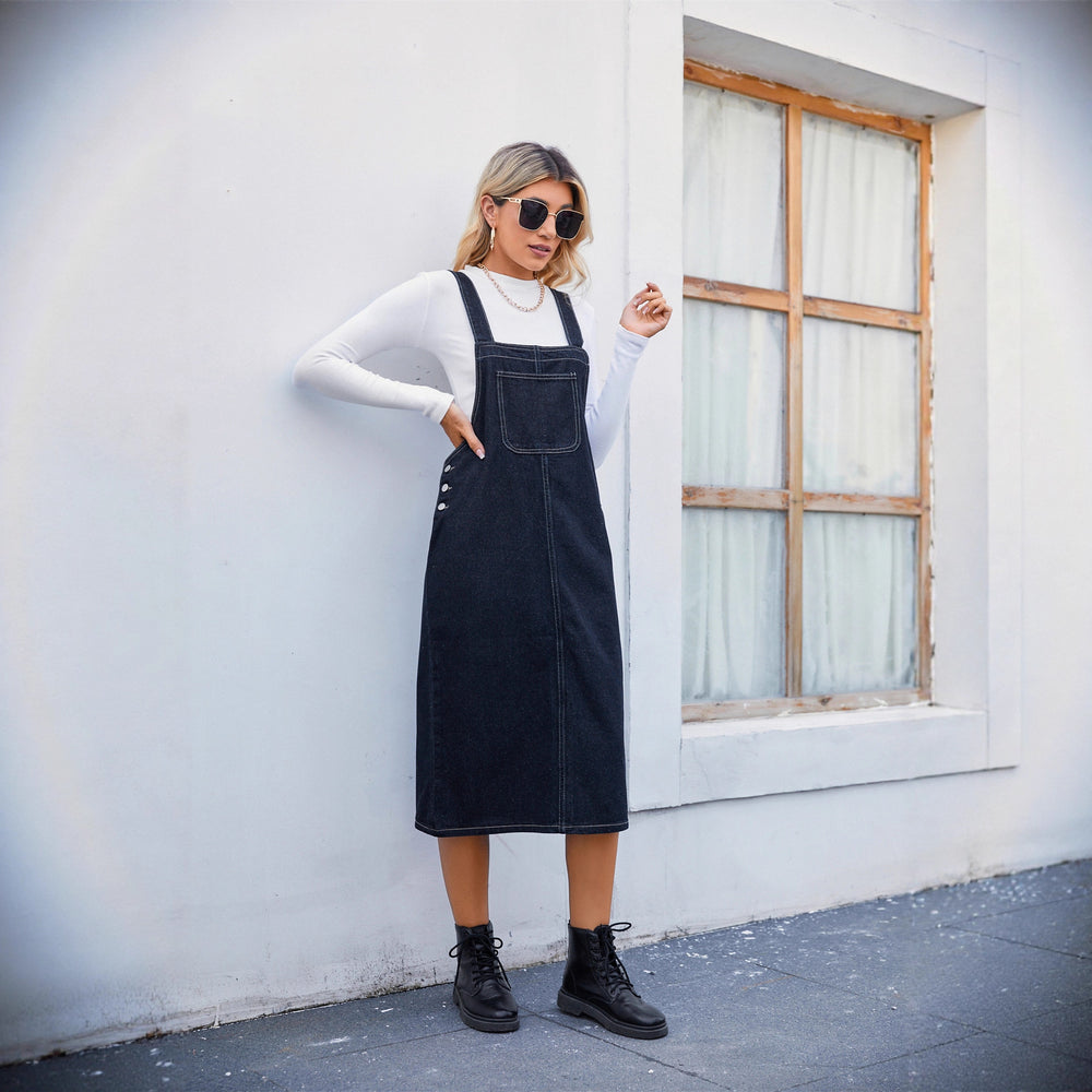 Us station fashion cross-border export   new arrivalstylish denim strap dress  mid-length skirt