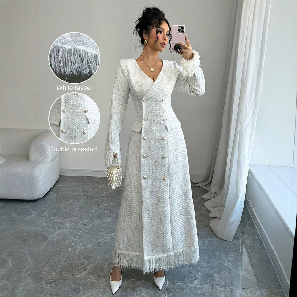 socialite style tweed longoutwear double row pearl button tassel patchworkslimming look silmdress