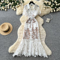 French chic heavy lace cutout dress - women's summer collared, slim-fit, work-ready, elegant maxi dress