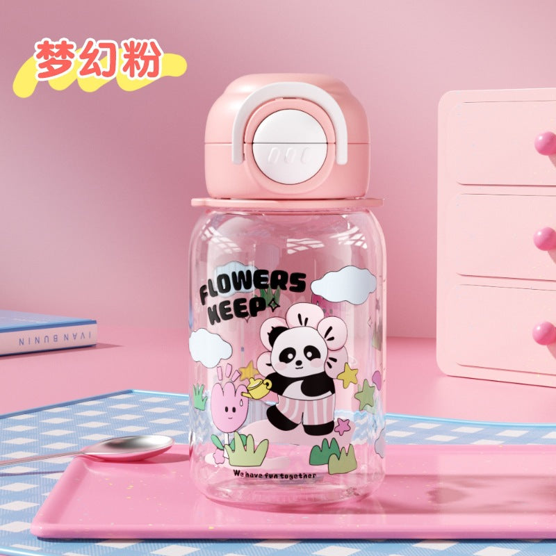 Cartoon panda kids water bottle, plastic cup, student food-grade double-drink straw cup with strap, portable water bottle, large capacity