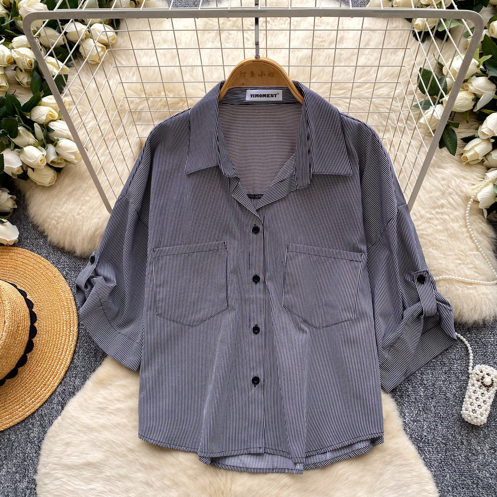 Korean style commute-ready striped shirt: breathable, skin-friendly, women's  summer short-sleeve loose-fit cardigan, solid color, elegant top