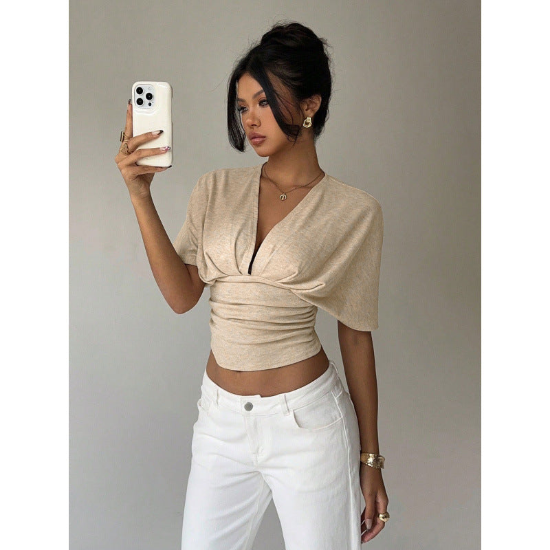 Women's light grey v-neck knotted short sleeve cropped t-shirt, ladies' summer casual wear