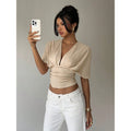 Women's light grey v-neck knotted short sleeve cropped t-shirt, ladies' summer casual wear