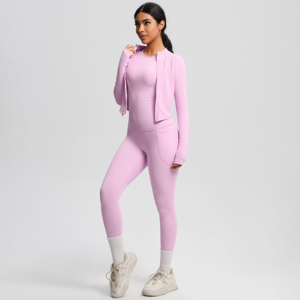 Cloud-soft slim-fit brushed nylon pocket pant set - quick-dry, breathable yoga, running, and fitness activewear three-piece set