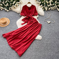 K-stylework clothing style lantern sleeve waist two-piece set female autumslimming lookhigh waist skirt red elegantsuit