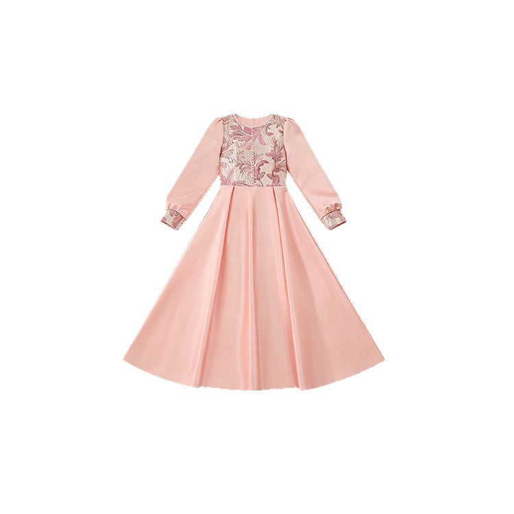 European and american new style teenage robe evening dress, big kids long dress, girls' formal dress, princess dress, long sleeve satin formal dress