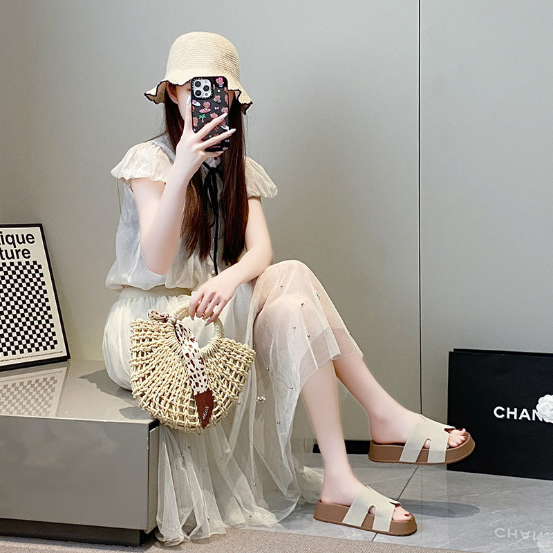 Trendy platform h-strap sandals for women - new summer outdoor style, popular versatile thong sandals, non-slip soft sole beach slippers