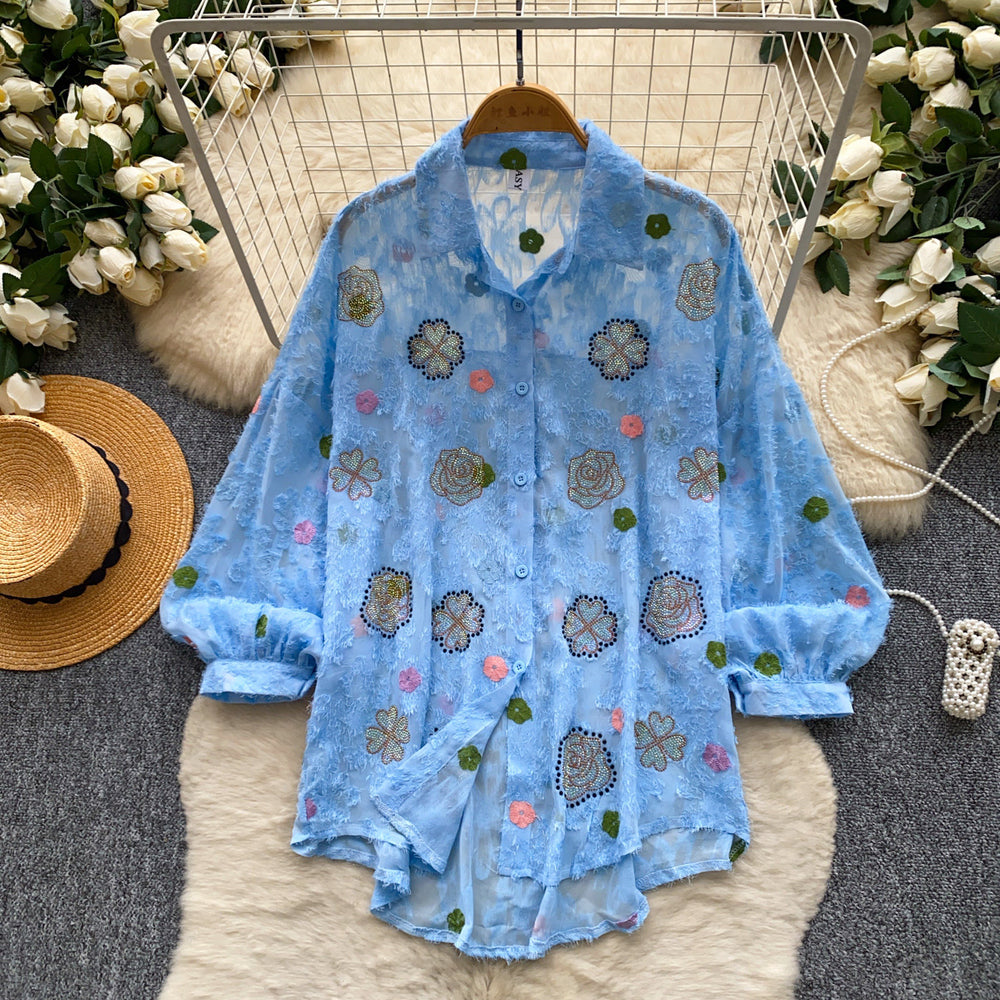 Commuter style blue printingshirt women's long sleeves loosecardigan light and breathable sun protection outer topsautum