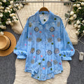 Commuter style blue printingshirt women's long sleeves loosecardigan light and breathable sun protection outer topsautum
