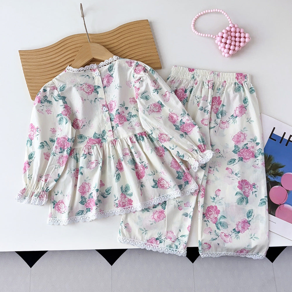 Autumn korean style new children's wear: girls' all-over floral print lace blouse and loose wide-leg pants set - kids' loungewear