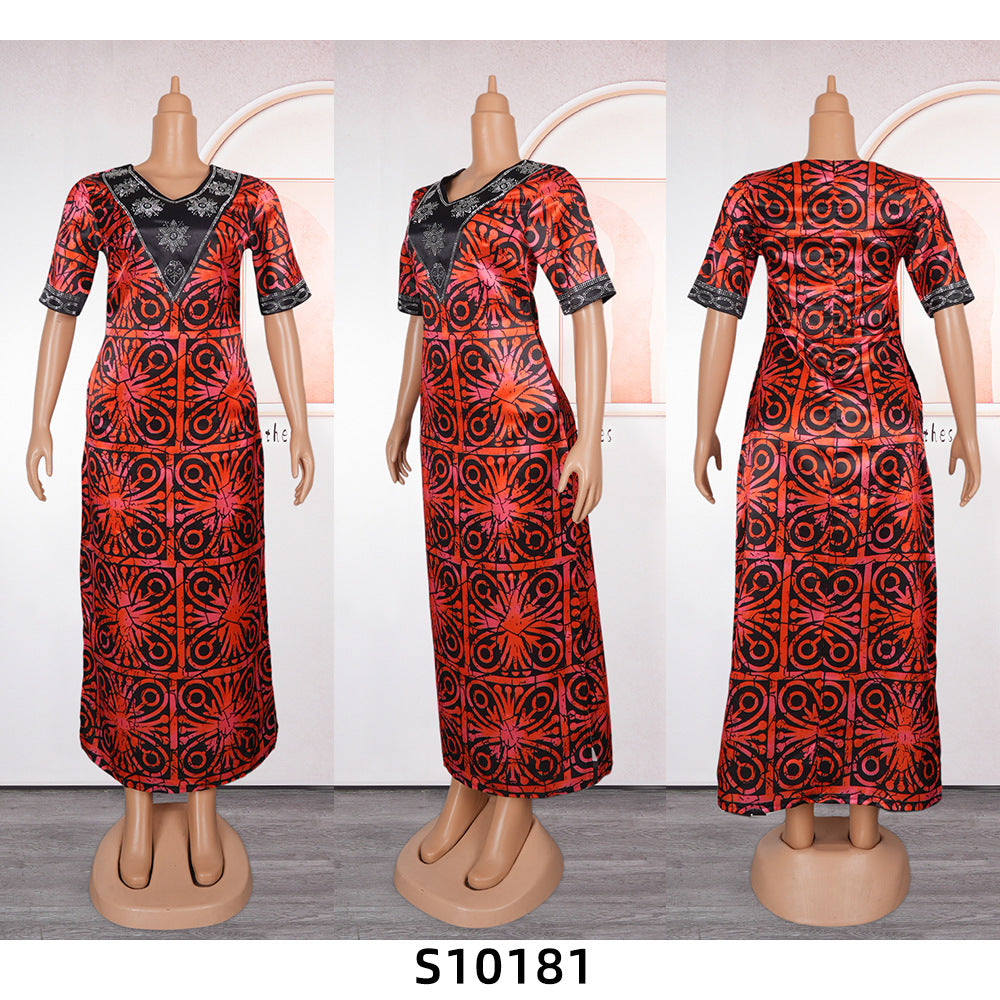 New plus-size african women's loose robe - cross-border   plus-size v-neck printed dress