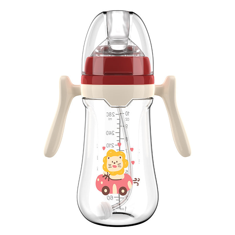 English boxed baby bottle anti-choking and anti-flatulence wide diameter bottle with handle and straw PP bottle wholesale