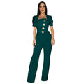 C7378 cross-border   fashion women's large button short sleeve sporty wide leg jumpsuit new