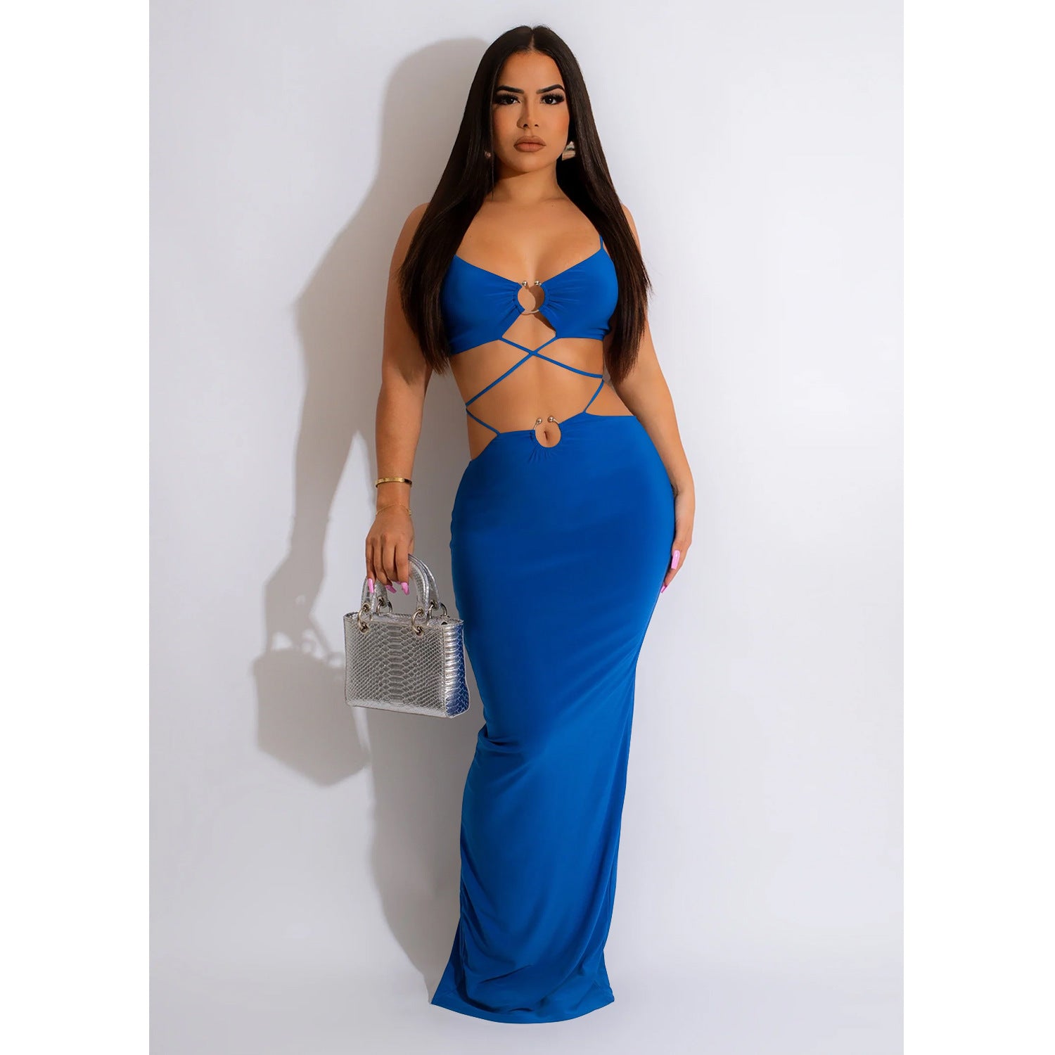 C6309 Cross-border   European and American fashion women's clothing solid color strap iron ring sleeveless long dress dress