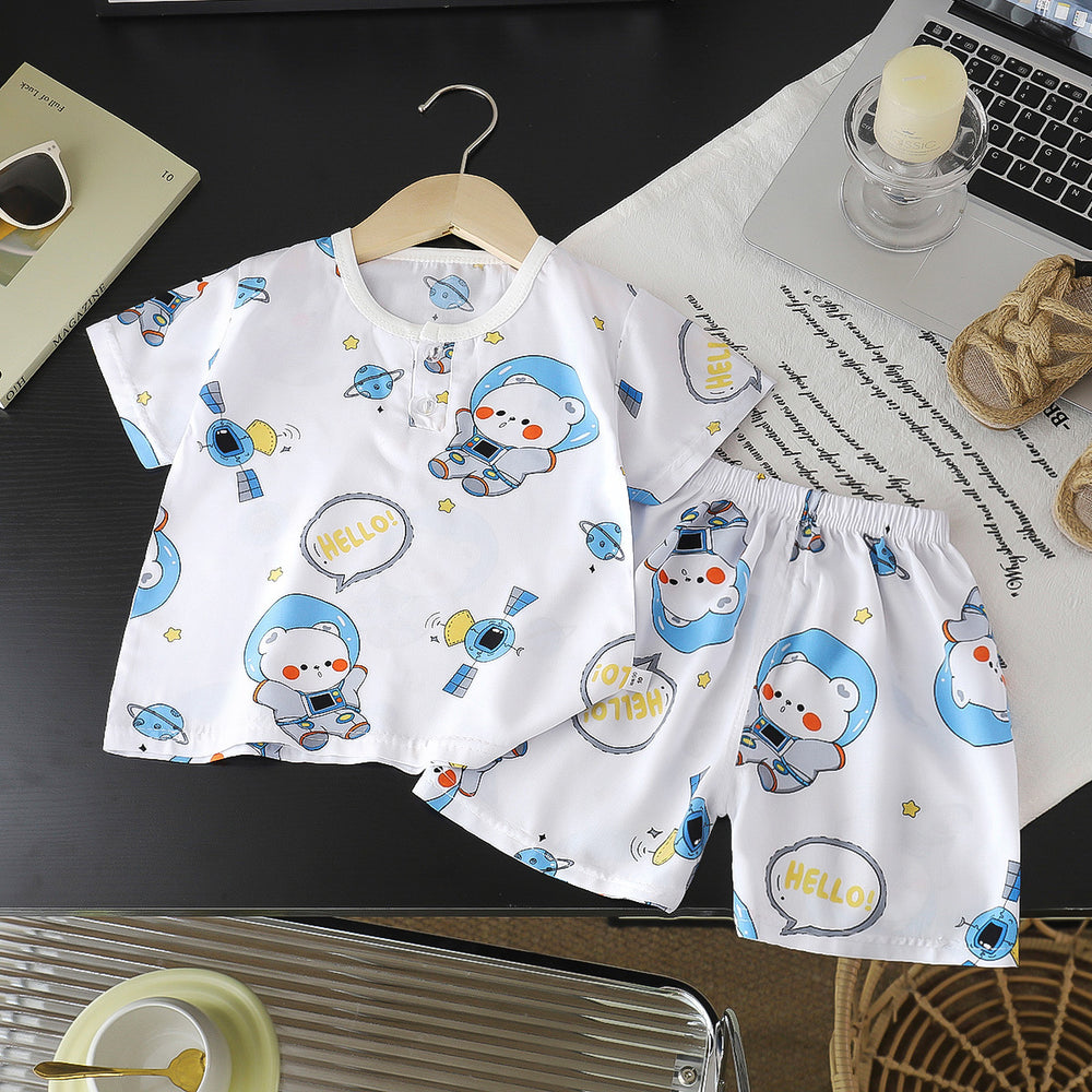 Summer children's cotton silk short-sleeve set: boys' loungewear, girls' cotton silk pajamas, baby air conditioning suit, wholesale children's clothing