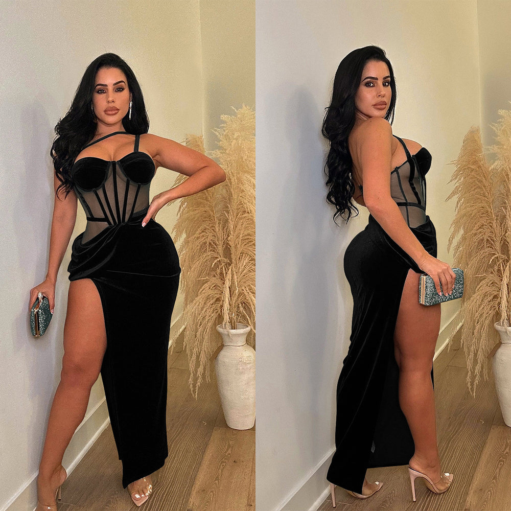 C6732 cross-border   fashion women's solid color mesh suspender slit maxi dress