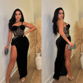 C6732 cross-border   fashion women's solid color mesh suspender slit maxi dress