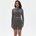 seamless knit solid color compression long-sleeve top, high-stretch breathable running and fitness set, yoga wear for women
