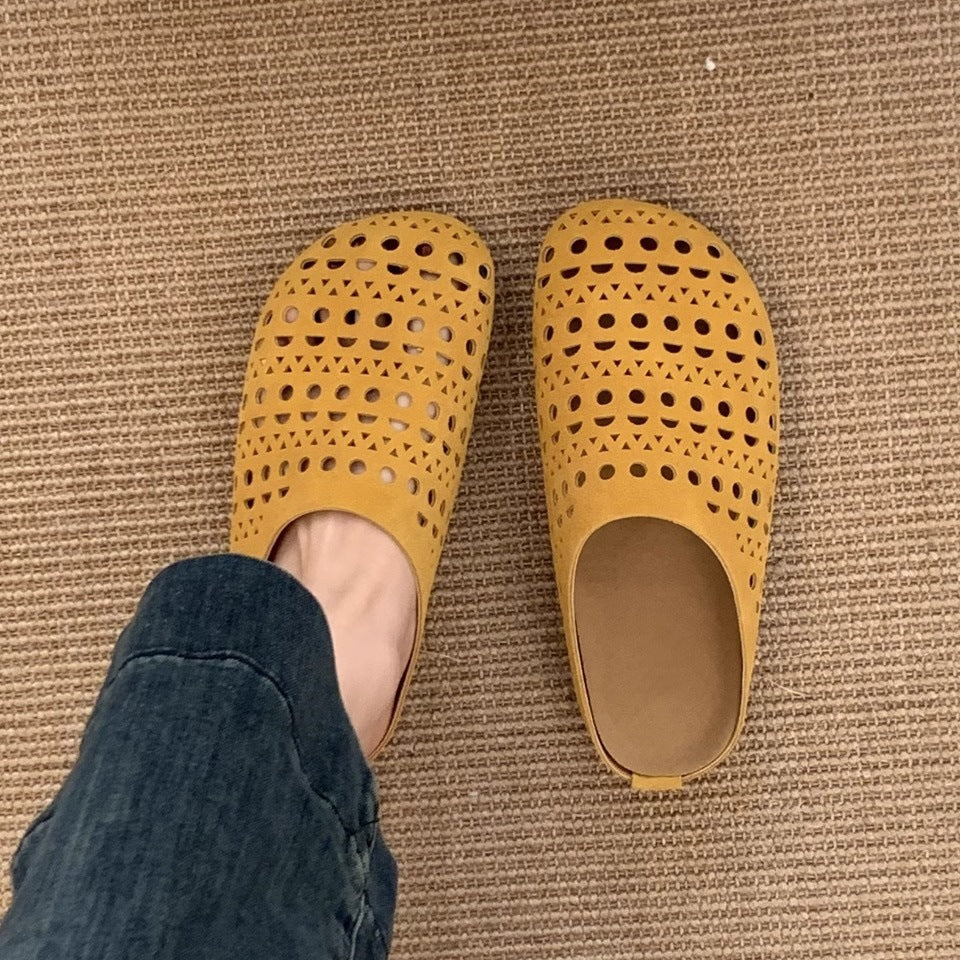 Retroniche stylecut out soft bottom birkenstock shoes women's toe-cap half drag 2026new arrivalniche style yellow lazy roman sandals