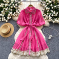 summer women's vintage-inspired court style dress: exquisite lace patchwork, tie-waist, lantern sleeves, and mesh overlay
