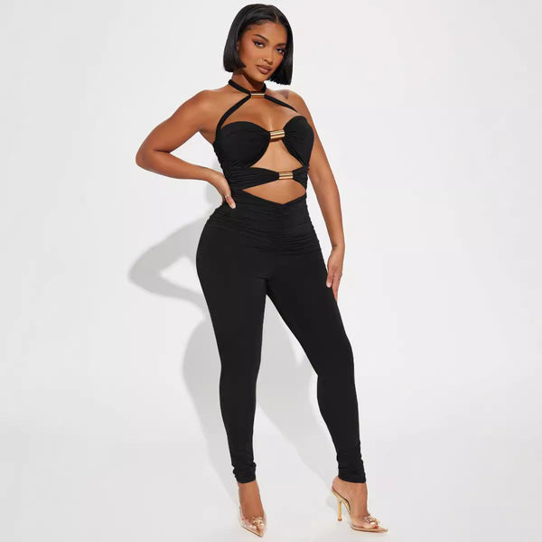 women's clothing metal tube splicing hollow neck sexy jumpsuit solid color suspender backless trousers autumn