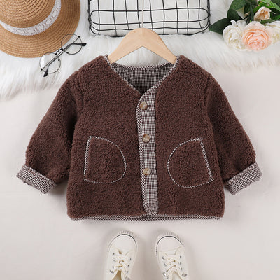 K-style boys and girls lamb wool outwearfall and winter style popular baby tops dense edge style small and medium-sized children's fur cotton-padded jacket