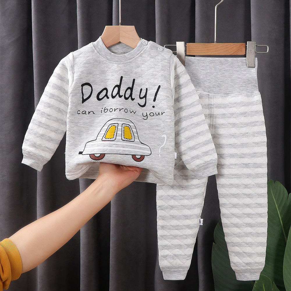 Winterpure cottonkidsheattechintimatessuit three-layer quilted baby high waist belly protection fleece-linedthickened autumn clothes and long trousers