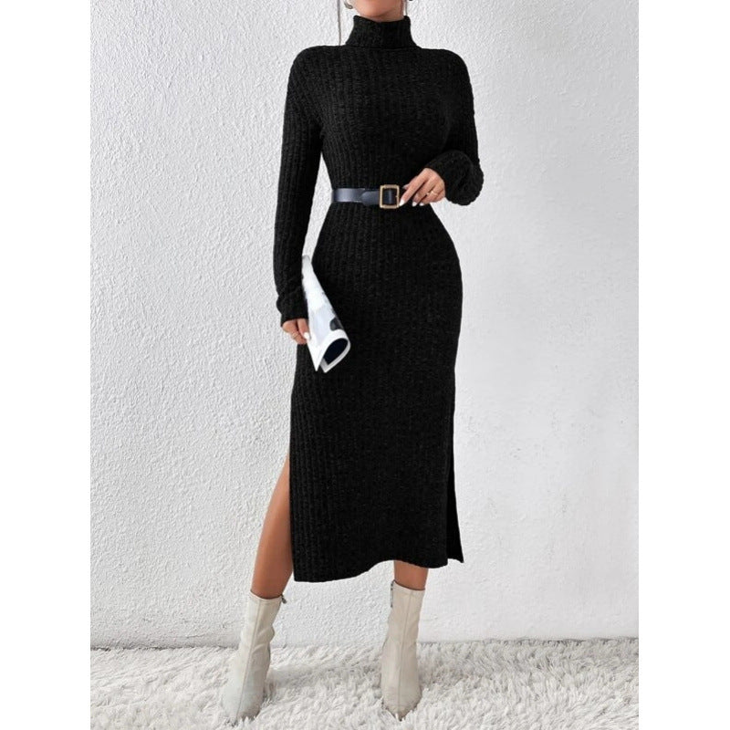 Women's turtleneck ribbed knit midi dress - autumn/winter long sleeve slim fit slit knit dress