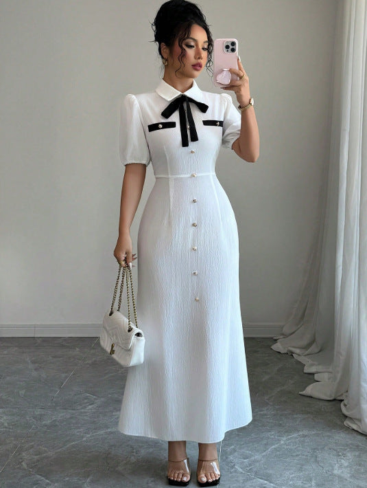 Pre-sale yang zi's same style shirt dress pleated classybowslong sleeves skirt waist long skirt