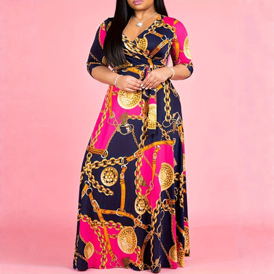 P390625 plus size sexy printed tie-up patchwork v-neck dress
